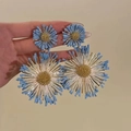 Bohemian blue fabric flower drop earrings with golden core and radiating metal details - Gold/Blue