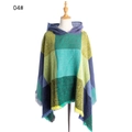 Women plaid hooded shawl with green and yellow geometric squares and fringe edges - Green