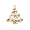 Golden Christmas tree brooch with white enamel and colorful rhinestones on white backdrop - White Rhinestone Christmas Tree
