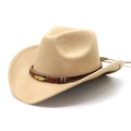 Detail of khaki wool felt cowboy hat with braided band, colorful beads and golden feather - M (56-58cm) / Camel