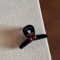 Detail of vintage black velvet cherry hair claw clip on a rustic linen and wood surface - Red Cherry Black Velvet Small Claw Clip