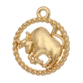 Close-up of vintage golden Taurus zodiac pendant with rope texture border and relief detail - Style 9 / Antique Gold