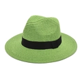 Detail of lime green woven straw Panama hat with black ribbon band on white background - Fruit Green