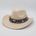 Off-white felt cowboy hat featuring bohemian turquoise beads and grey tassels - One Size / Beige