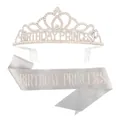 Silver Birthday Princess rhinestone tiara crown and glitter sash set for women - Silver Birthday Crown Sash Set