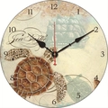 Vintage silent wall clock featuring a nautical sea turtle illustration on wood texture - Vintage Sea Turtle Sailboat