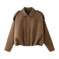 Brown suede bomber jacket with lapel collar and long sleeves on white background - Brown