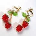 Exquisite red berry drop earrings with green leaves and small white flower accents - Raspberry Multi-seed Ear Clip (FN1011-2)