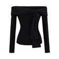 Chic black off-shoulder long sleeve top featuring a central twist bow design - S / Black