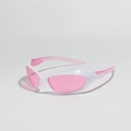 Y2K style sports sunglasses with white frames and pink lenses shown at 45-degree angle - Millennium Pink