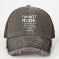 Close-up of vintage brown washed denim mesh cap with distressed details and ROUD print - Distressed Coffee