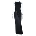 Detail of satin spliced dress with metal buckles on the waist and pleated black fabric - S / Black