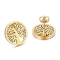 Golden stainless steel stud earrings featuring a hollow Tree of Life circular design - Gold Tree of Life Hollow Style (KE55599-K)