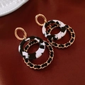 Vintage style gold earrings with marble resin and black fabric rings in a triple hoop design - 37# Triple Hoop Marble Texture - Gold-Black