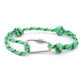 Detail of green RPET braided cord bracelet with silver metal carabiner clasp on white background - No. 05 Green with Yellow & Black Dots