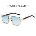 Luxury oversized sunglasses with gold metal frame, cyan gradient lenses and wood grain arms - Gold Frame Gradient Green Lens
