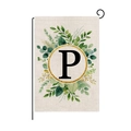 Polyester garden flag with botanical wreath and gold letter P on a black metal stand - Letter P