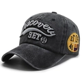 Cappellino da baseball in denim grigio scuro lavato con ricamo 3D e patch vintage - Regolabile / Nero