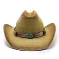 Brown wide brim cowboy straw hat with ethnic woven band and turquoise stone accent - M(56-58cm) / Khaki