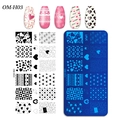 Rectangle nail art stamping plate OM-H03 with heart and love motifs and sample nails - Heart and Envelope Style (OM-H03)