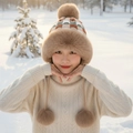 Winter faux fur earmuff hat with plush pom-poms and checkerboard knit pattern - Pocket Multi-Pom Style / Khaki