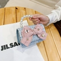 Mini borsa a mano in tweed blu per bambine con fiocco di raso rosa e perline - Fiocco Blu