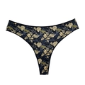 Dunkelblaue Low-Rise-Tanga mit goldenem tropischem Blattmuster und nahtlosem Stretch - Schwarz Gelbe Blätter
