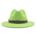 Detail of light green wool fedora hat featuring a brown studded faux leather band and emblem - Fruit Green