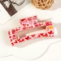 Detail of pink rectangular hair claw with colorful heart patterns and LOVE lettering - 8.5cm Heart Print - Style I Pink