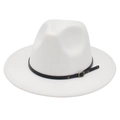 Close-up of white wool fedora hat featuring a black leather belt and gold metal buckle - White (Small Black Leather Belt)