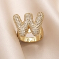 Gold plated open ring featuring letter W encrusted with sparkling zircons on silk - Small / Letter W