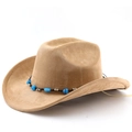 Detail of camel suede cowboy hat with ethnic braided band and turquoise stone beads - Dark Camel