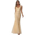 Golden mermaid evening gown with sequin leaf patterns and a deep V-neck sleeveless cut - US size 2 / Light Yellow