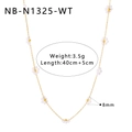 Detail view of pearl flower necklace with gold chain and dimensions marked as 40cm plus 5cm - White Pearl Flower Necklace (NB-N1325-WT)