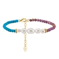 Bohemian beaded pearl bracelet with blue and fuchsia beads and gold S925 silver clasp - Five Pearls Mixed Blue Purple Style (MPB04-14K)