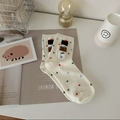 Off-white cotton crew socks with colorful polka dots and cute animal patch embroidery - One Size / Off-white