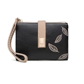 Short black bifold wallet with beige leaf embroidery and woven wristlet strap - Black