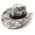 Detail of vintage suede cowboy hat with metallic bull head buckle and studded leather band - Tie-Dye Grey