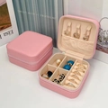 Compact pink PU leather jewelry organizer box with square zipper and multi-functional slots - Zipper Style / Rose
