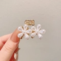 Golden hair claw clip with double white pearl flowers and heart-shaped handle detail - #2 Pearl Double Flower Clip Approximately 4cm