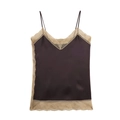 Coffee brown satin camisole top with beige lace trim and V-neckline for women - S / Dark Brown