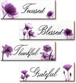Set di 4 targhe in legno viola con fiori e scritte Focused Blessed Thankful Grateful - 25x10cm / Stile Floreale Viola (Stile C)