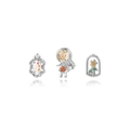 Macro detail of cartoon princess and floral earrings with cubic zirconia inlay - Platinum