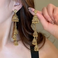 Retro golden tiered Jhumka earrings featuring vintage hollow bells and bead tassels - Antique Gold Vintage Jhumka Tassel (509)