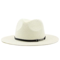 Detail of classic off-white woven straw fedora with black decorative band and metal buckle - Creamy White