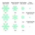 Size chart for snowflake static window decals with dimensions and quantity specifications - BQ028 Luminous Snowflake Static Style / Fluorescent Green Snowflake