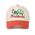 Close-up of Merry Christmas embroidery on beige and coral-red five-panel baseball cap - Orange Red