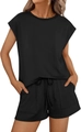 Close-up of black short sleeve crewneck top and matching drawstring shorts set - S / Black