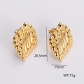 Detailed view of 18k gold-plated feather earrings with texture and dimensions - Feather Leaf Shaped Stud Earrings (Style 6)