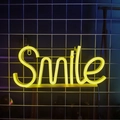Yellow LED Smile neon sign for wall decor with glowing cursive letters on mesh background - Warm White